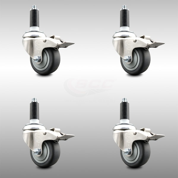 3 Inch 316SS Thermoplastic Rubber Swivel 1 Inch Stem Caster Set Lock Brake